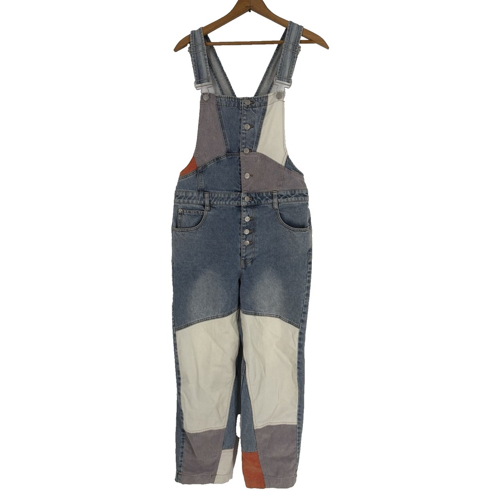 Free People Patchwork Denim Overalls in Blue, White, Gray, Orange
